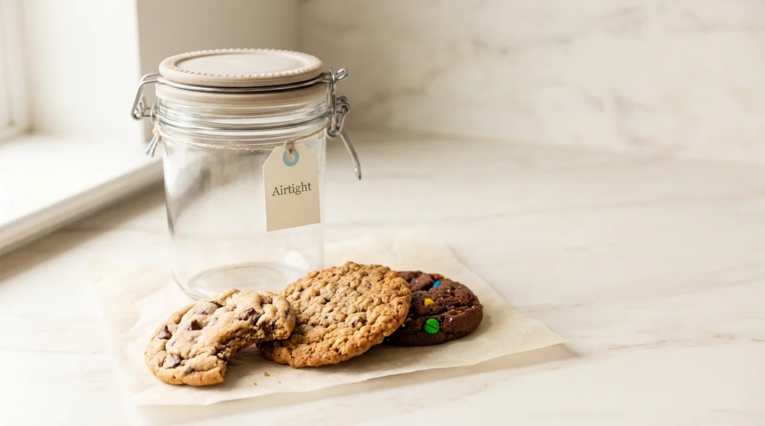 Best ways to store cookies for freshness featuring an airtight glass jar and assorted chocolate chip, oatmeal, and M&M cookies on a marble countertop.