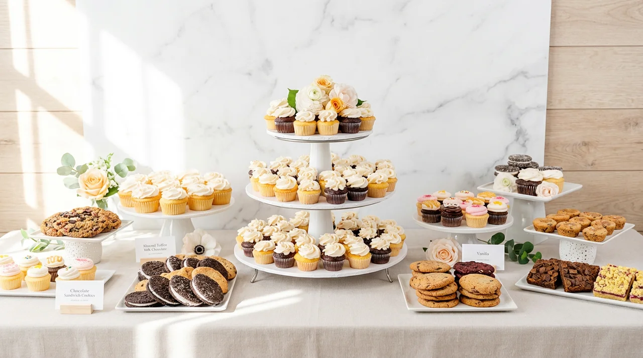 Dessert table ideas for weddings and parties featuring a three-tier cupcake stand, chocolate chip cookies, and brownies on a white marble backdrop.
