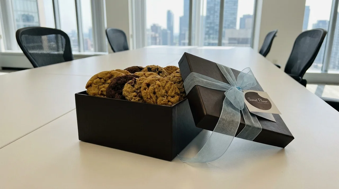 Open Sweet Flour assorted cookie gift box with blue ribbon and brand tag inside a modern Toronto office
