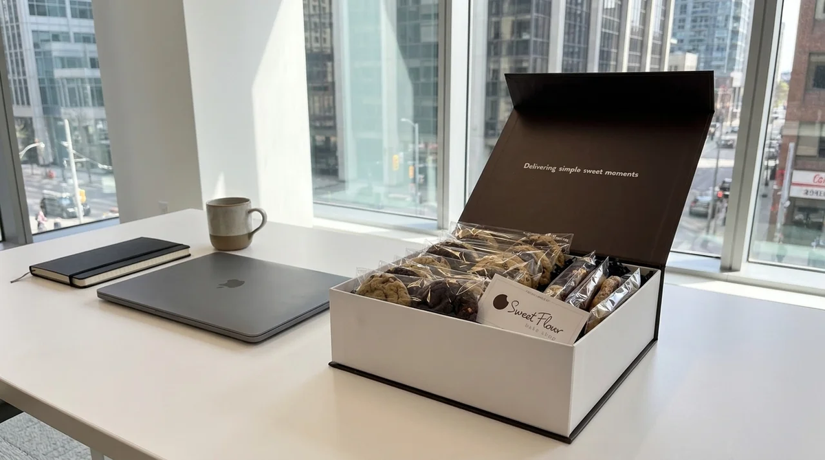 Sweet Flour Classic Cookies Gift Crate with individually wrapped gourmet cookies in a premium gift box