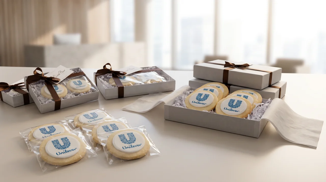Sweet Flour custom printed logo cookies in corporate gift boxes as branded swag alternatives