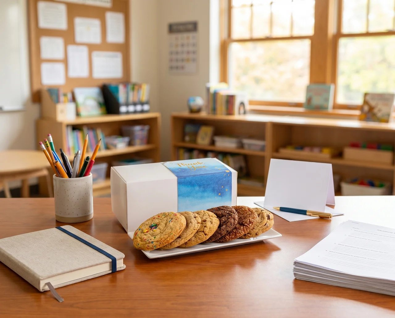Sweet Flour teacher gift cookies on a classroom desk for an end-of-school-year thank-you