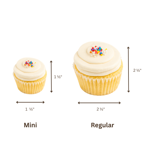 Size comparison diagram showing two cupcake-shaped products labeled Mini and Regular with dimension arrows and measurements of 1 1/4 inches and 2 1/4 inches on a white background.