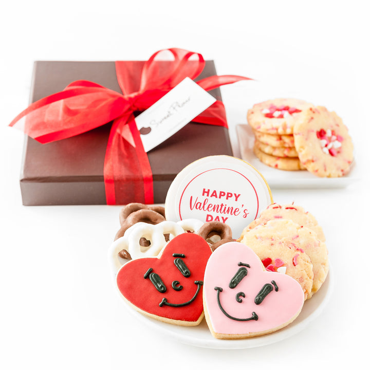 Valentine's Day Cookie Gift Box with heart faced sugar cookies and Happy Valentine's Day cookie