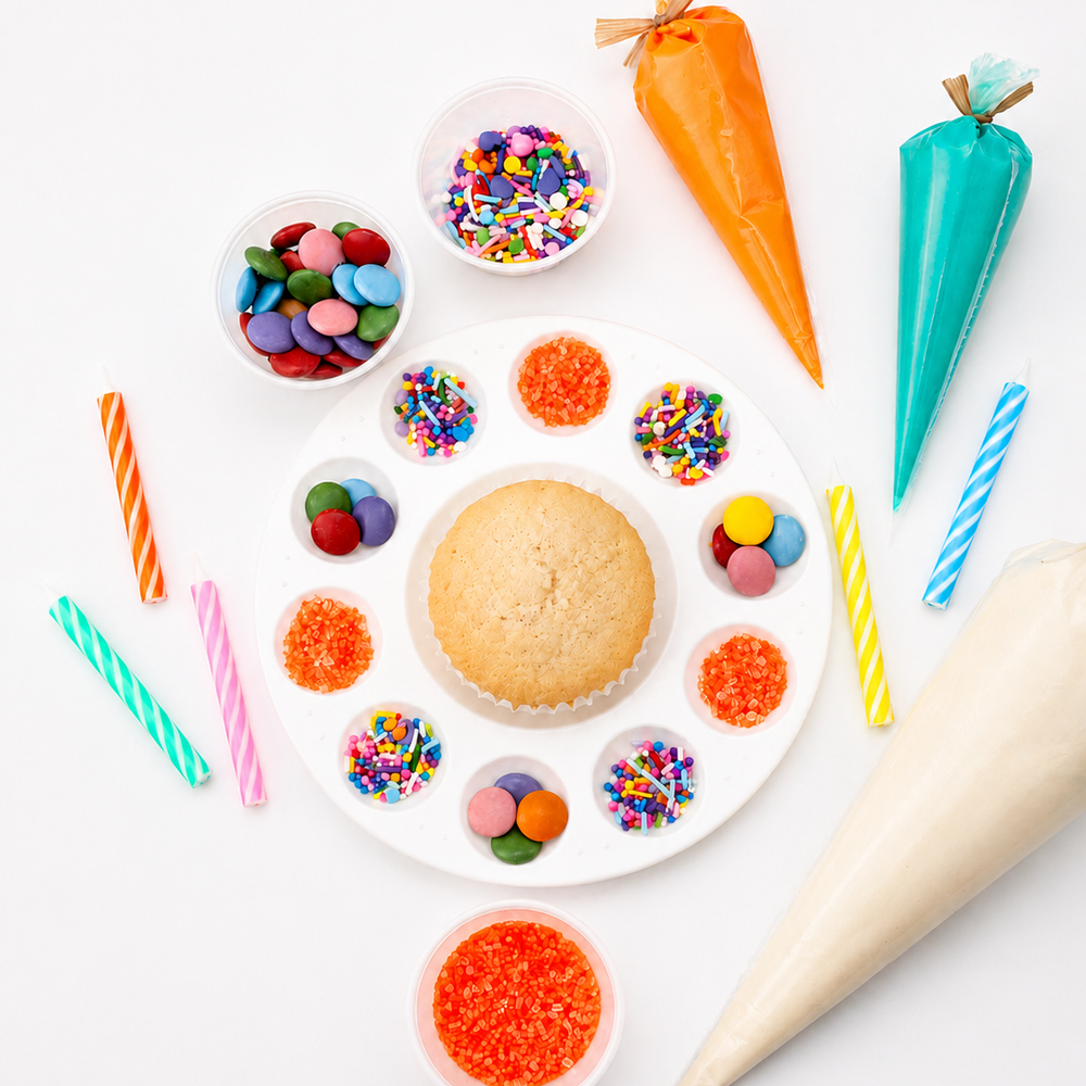 A styled flat-lay of a cupcake decorating kit on a white background, featuring a vanilla cupcake in the center, colorful sprinkles, candy-coated chocolates, striped cake pops, piping bags, and small bowls of sprinkles.