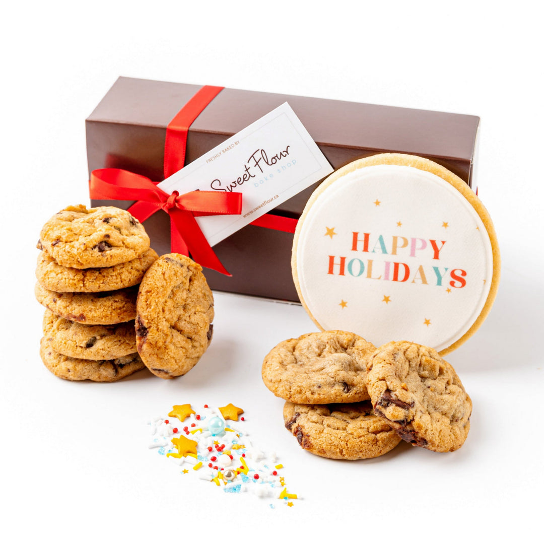 Mini Cookie Gift Box with red ribbon and Happy Holidays sugar cookie