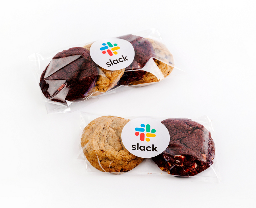 Packaged cookies with Slack logo sticker on a white background
