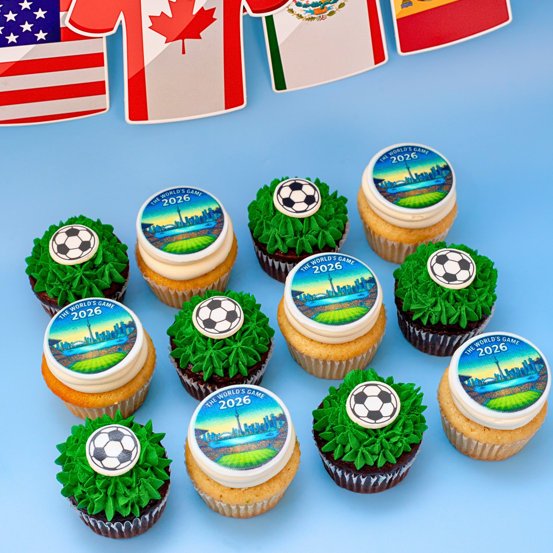 World Cup Cupcakes with soccer-themed decorations and flags of different countries on a blue background 