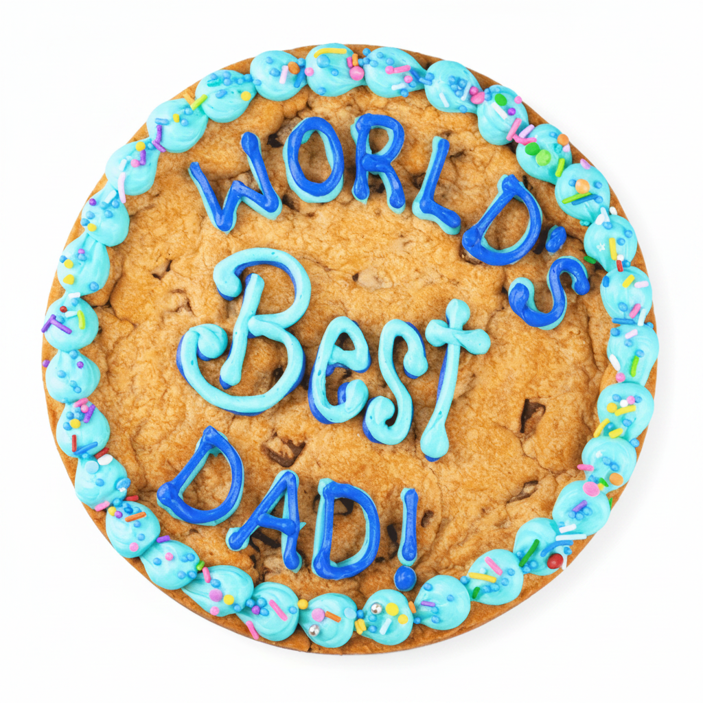 Cookie cake with 'World's Best Dad!' text on a blue background