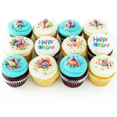 one dozen Party Like It's Your Birthday Cupcakes with Happy Birthday topping and sprinkles