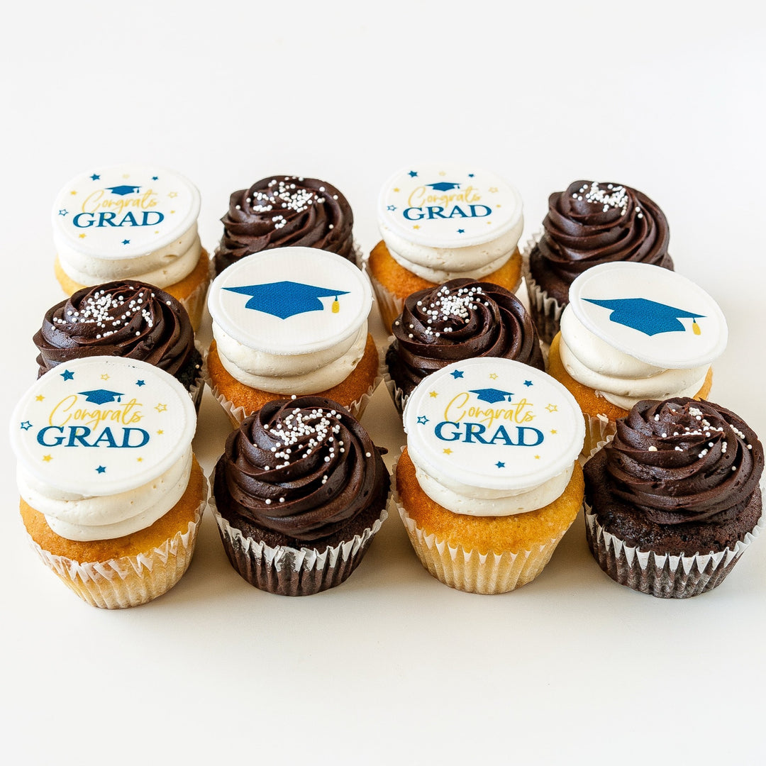 1 Dozen Chocolate and Vanilla Cupcakes with Congrats Grad Topper / grad cupcakes near me