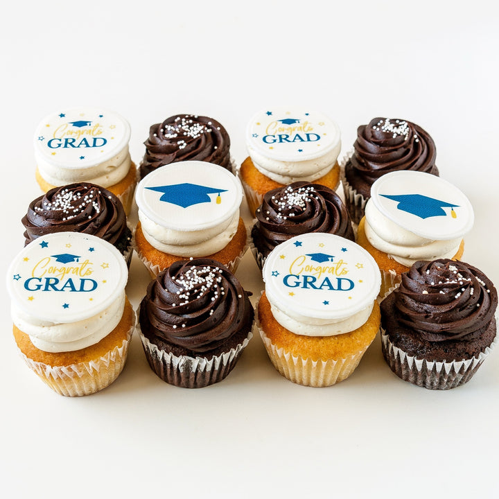 1 Dozen Chocolate and Vanilla Cupcakes with Congrats Grad Topper / grad cupcakes near me