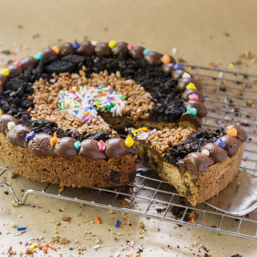 8 inch round stuffed party time pizza Cookie Cake with oreos, toffee bits and sprinkles