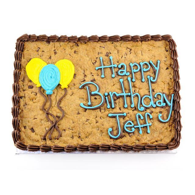 12 by 16 inch giant Happy Birthday Jeff Cookie Cake with balloon image in icing